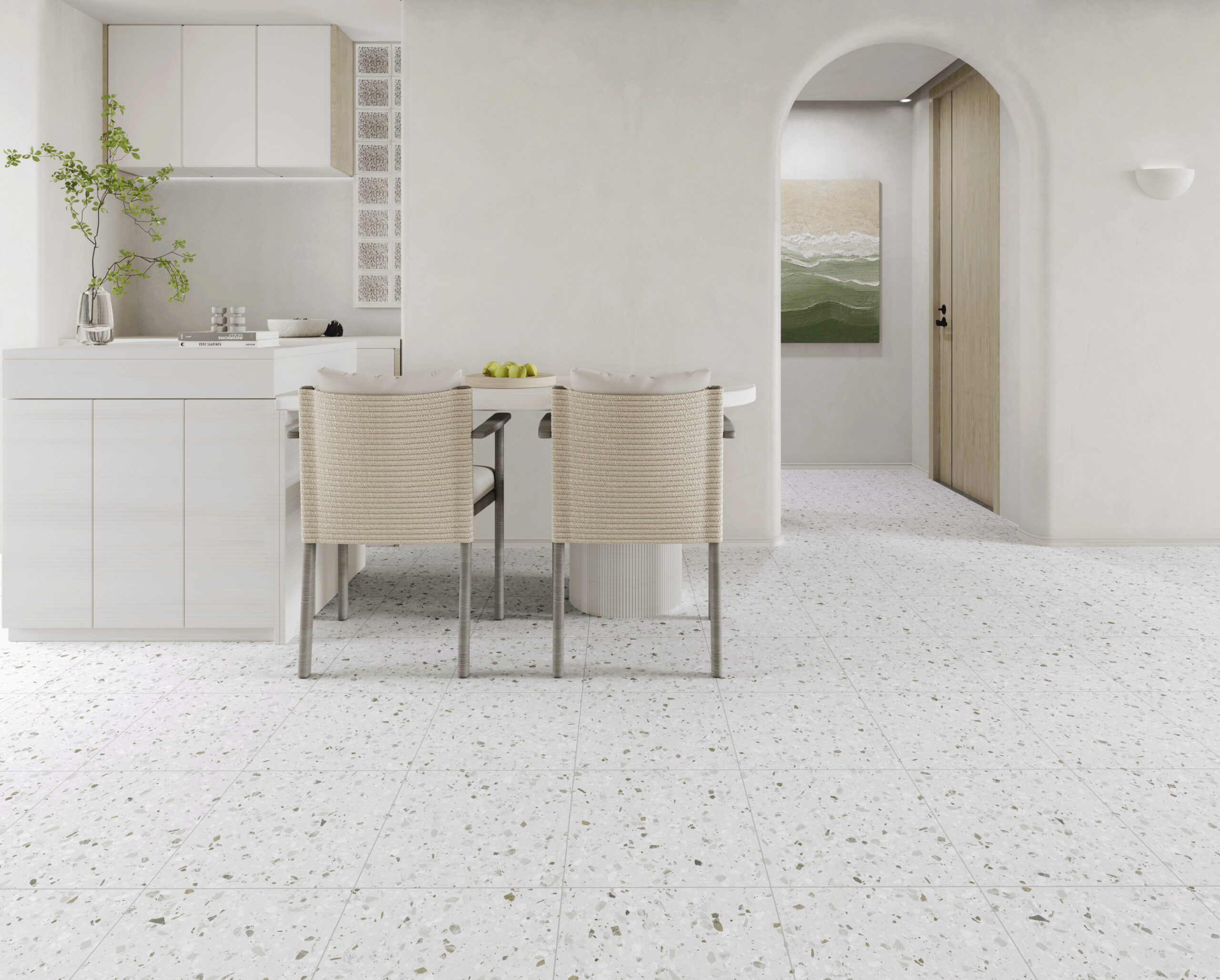 Terrazzo vinyl tile pattern close-up — multi-colour aggregate detail