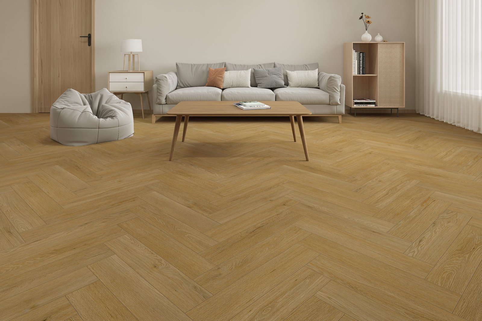 Herringbone vinyl plank flooring in a living room