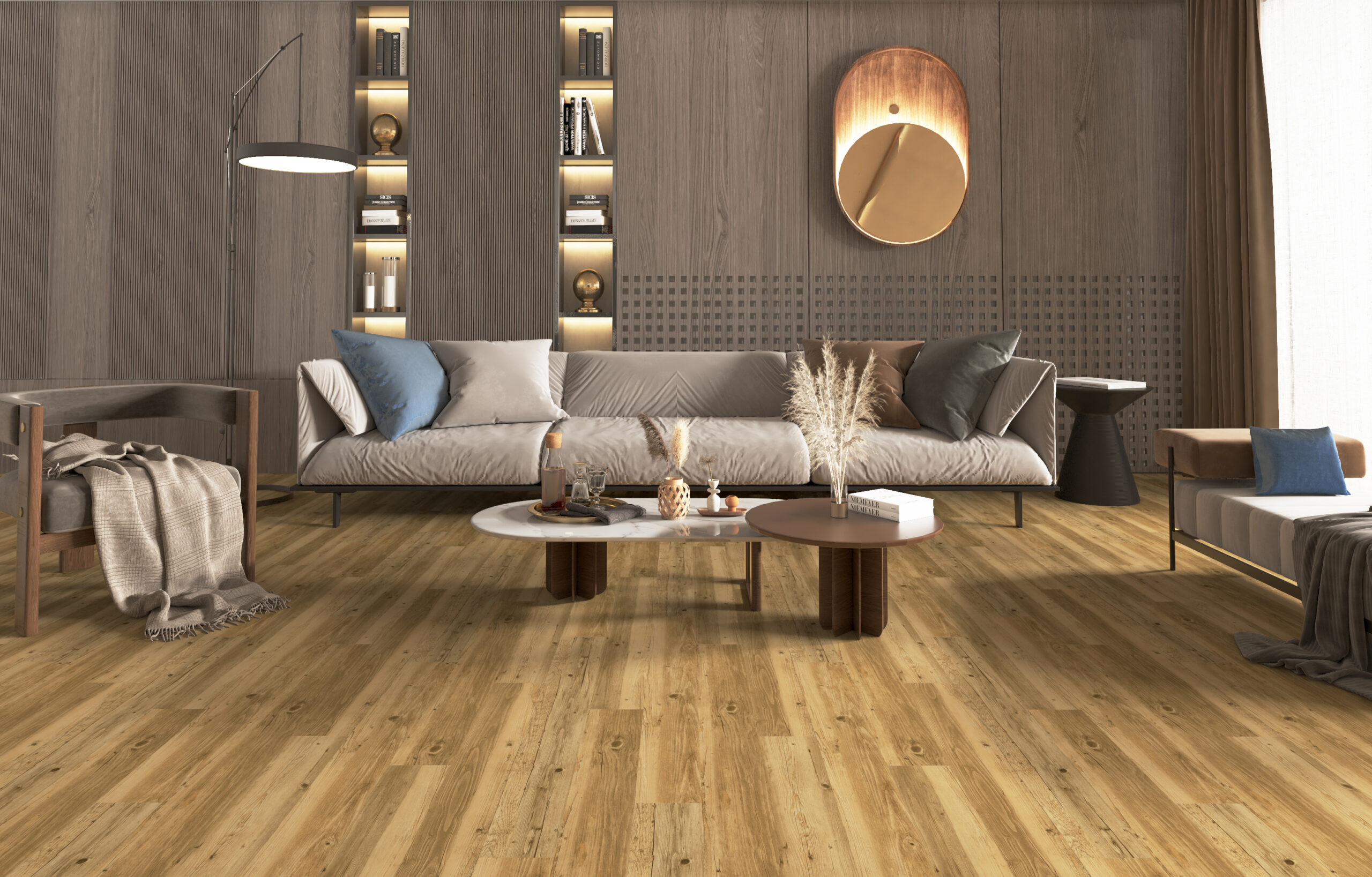 Suelo SPC Click vinílico madera instalado en interior moderno España — Ecoflors fabricante