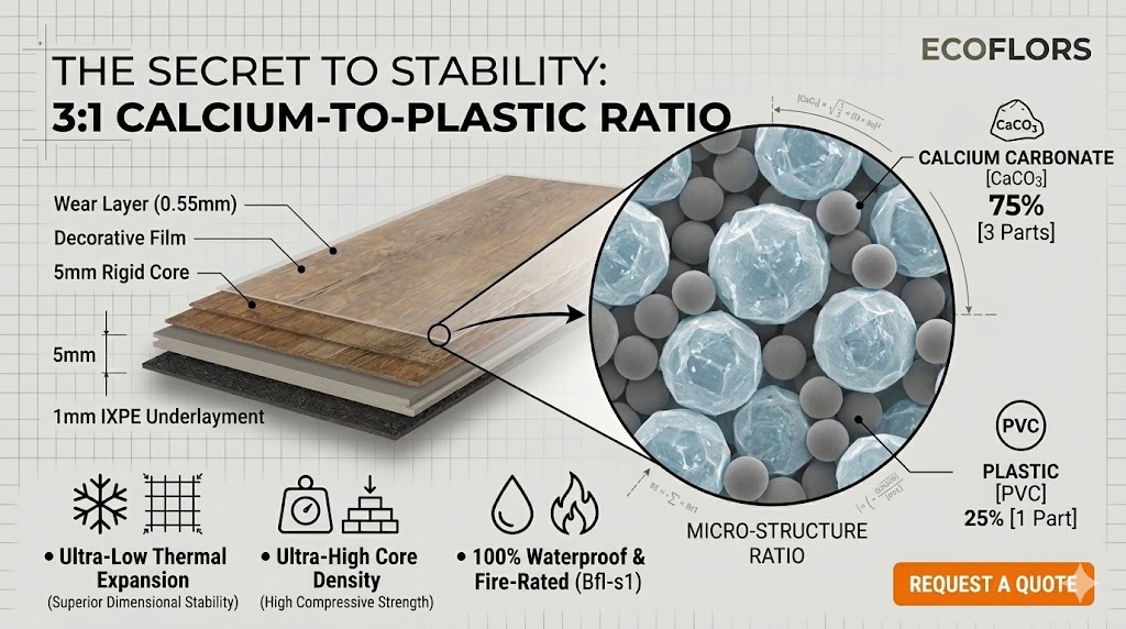 Technical infographic of SPC flooring showing the 3:1 Calcium-to-Plastic ratio for superior dimensional stability. The diagram features a 5mm rigid core, 1mm IXPE underlayment, and a microscopic view of 75% Calcium Carbonate (CaCO3) mixed with 25% PVC. Highlighted features include ultra-low thermal expansion and 100% waterproof performance by ECOFLORS.