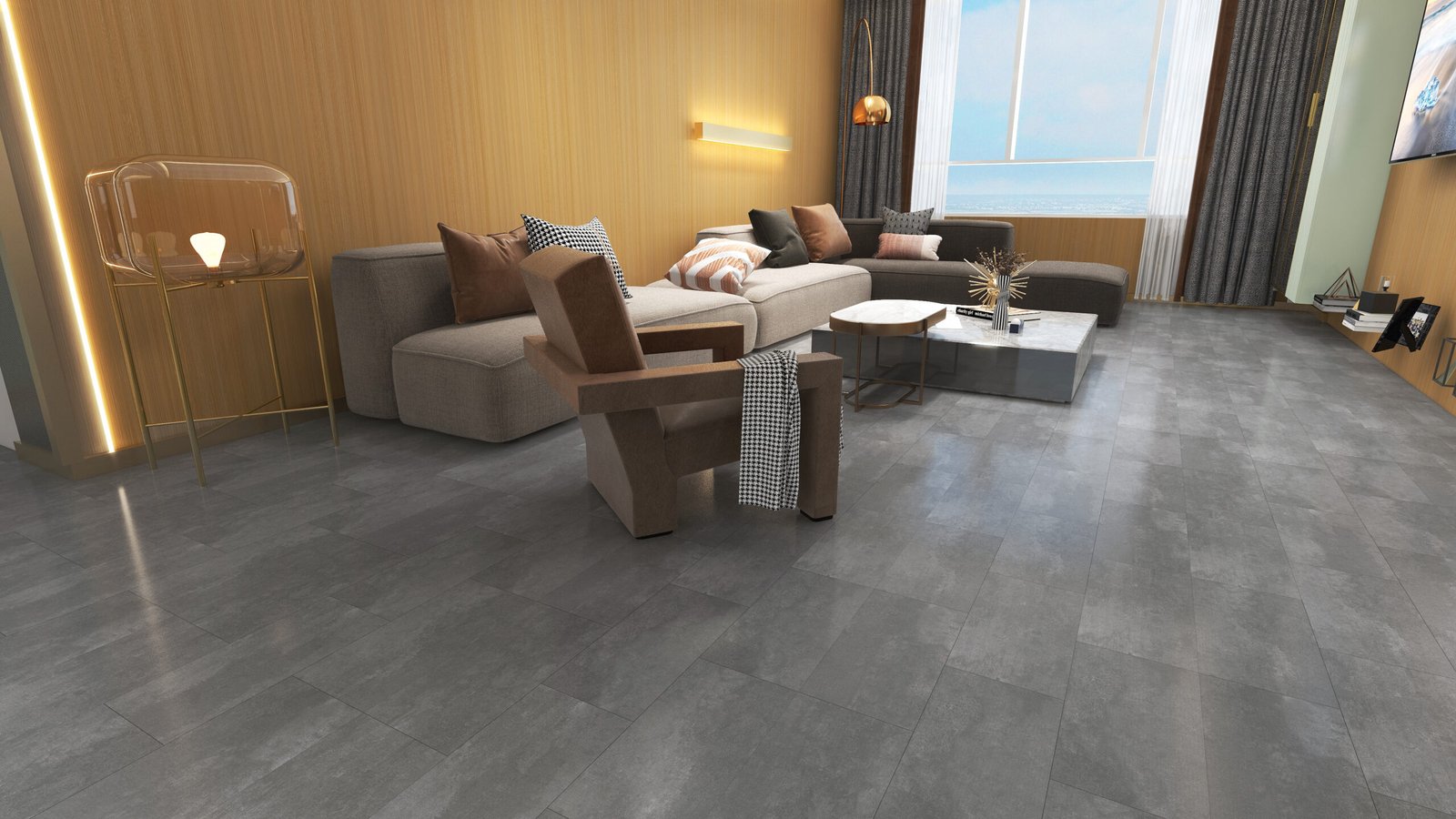 Piso vinílico SPC diseño piedra y terrazzo para proyectos comerciales Chile