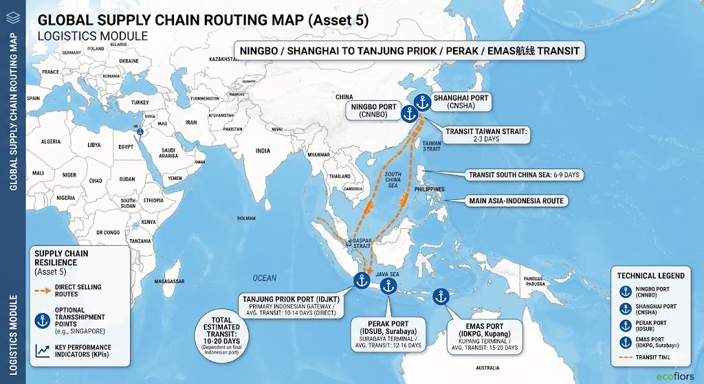 Container shipping route map from China east-coast ports to Indonesian gateways Tanjung Priok, Tanjung Perak and Tanjung Emas