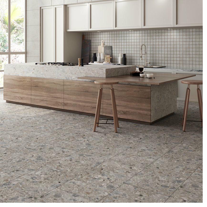 Terrazzo LVT sample tile — aggregate stone pattern vinyl flooring