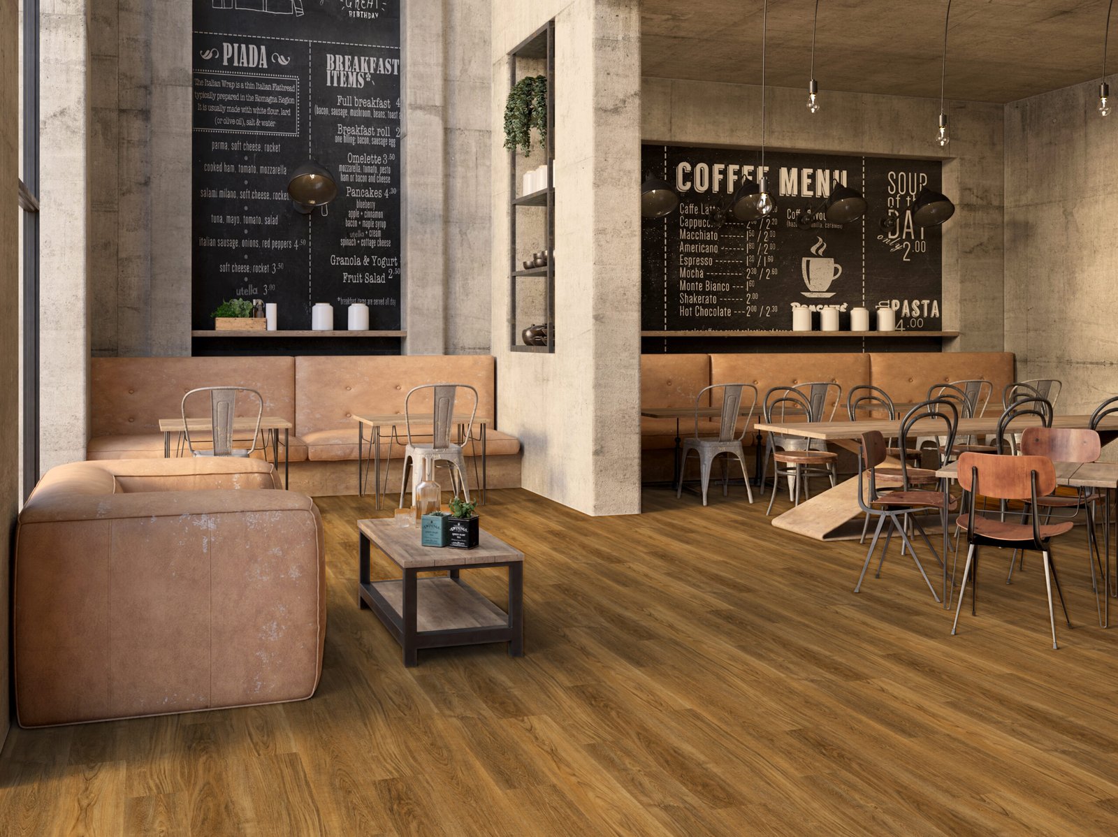 Café interior with a mid-brown oak-look plank floor, leather banquettes, metal chairs and chalkboard menus on concrete walls