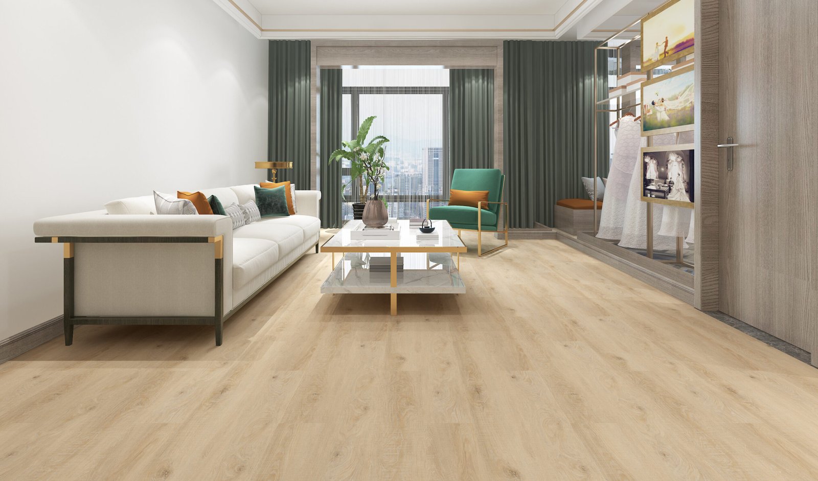 Room scene with an Ecoflors SPC click floor, decor FC29137