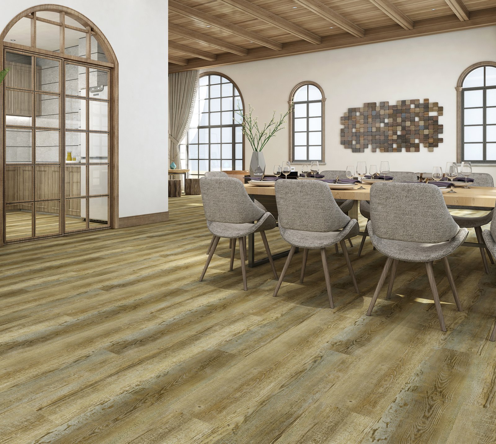 Room scene with an Ecoflors SPC click plank floor, decor FC29174