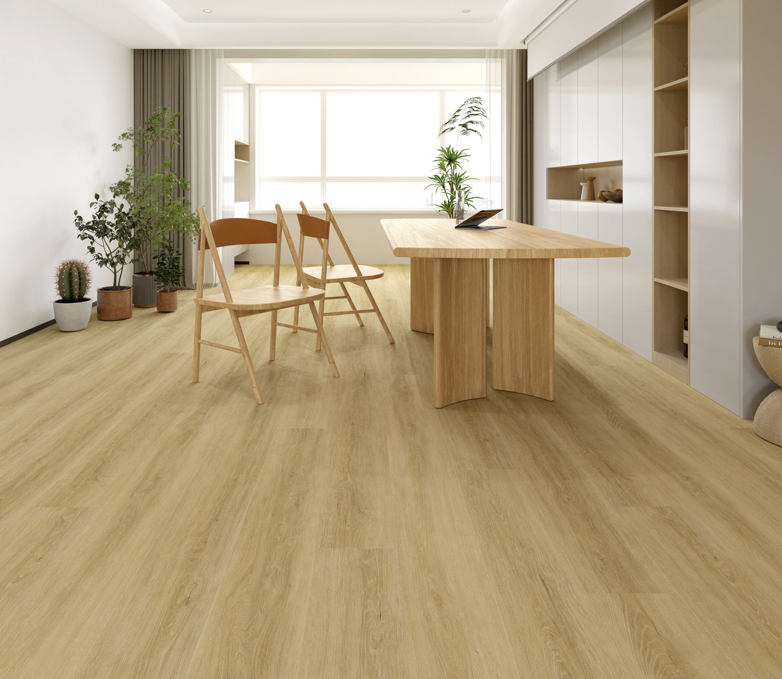 Rendered dining room with a light natural oak-look plank floor, white walls and a timber table