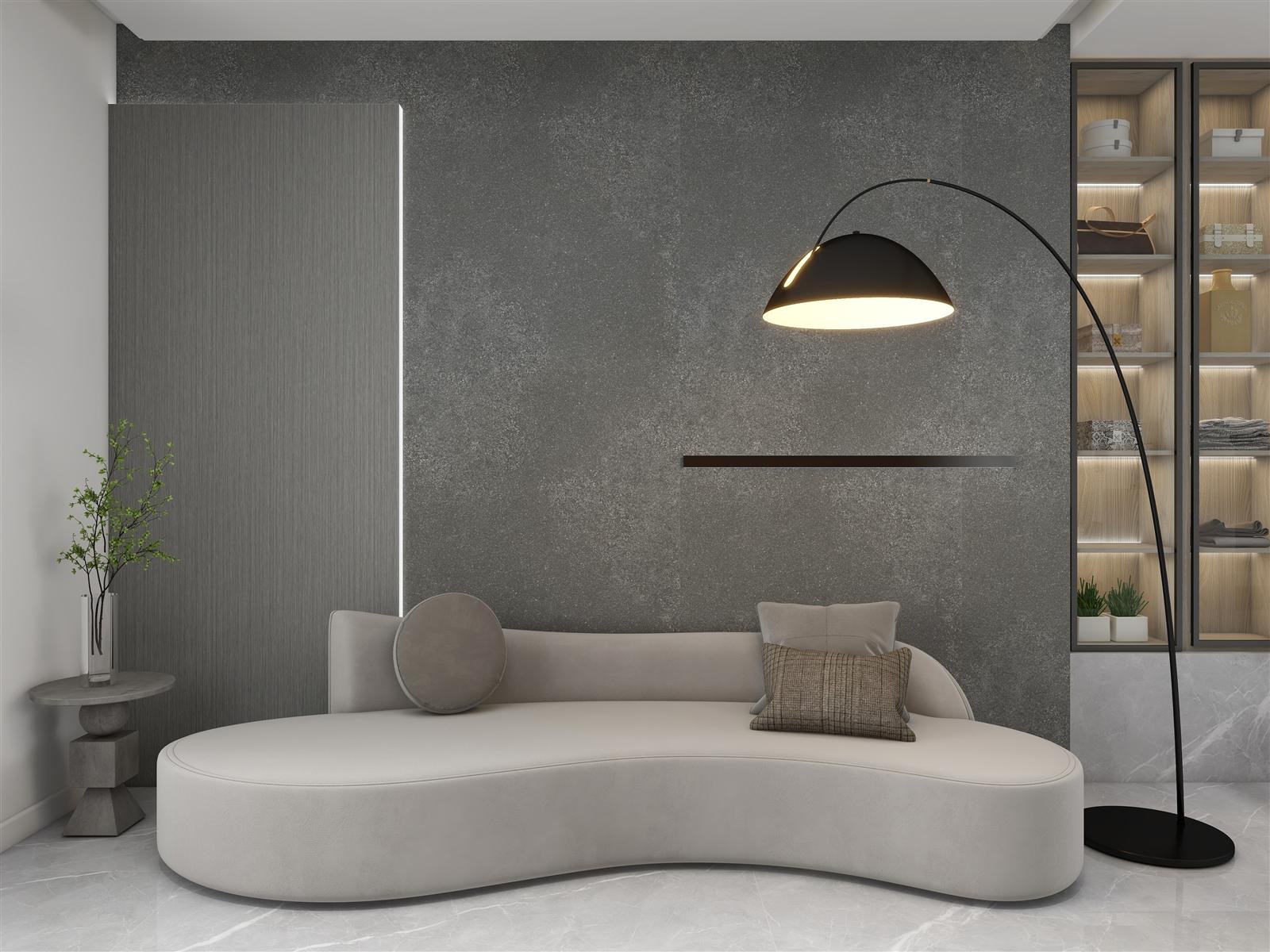 Mineral-look SPC wall panel design behind a neutral sofa