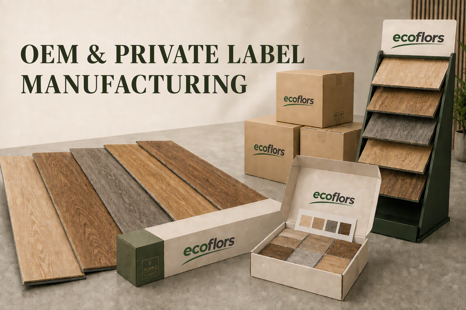 Ecoflors-branded cartons, flooring samples and display stand illustrating an OEM and private-label range