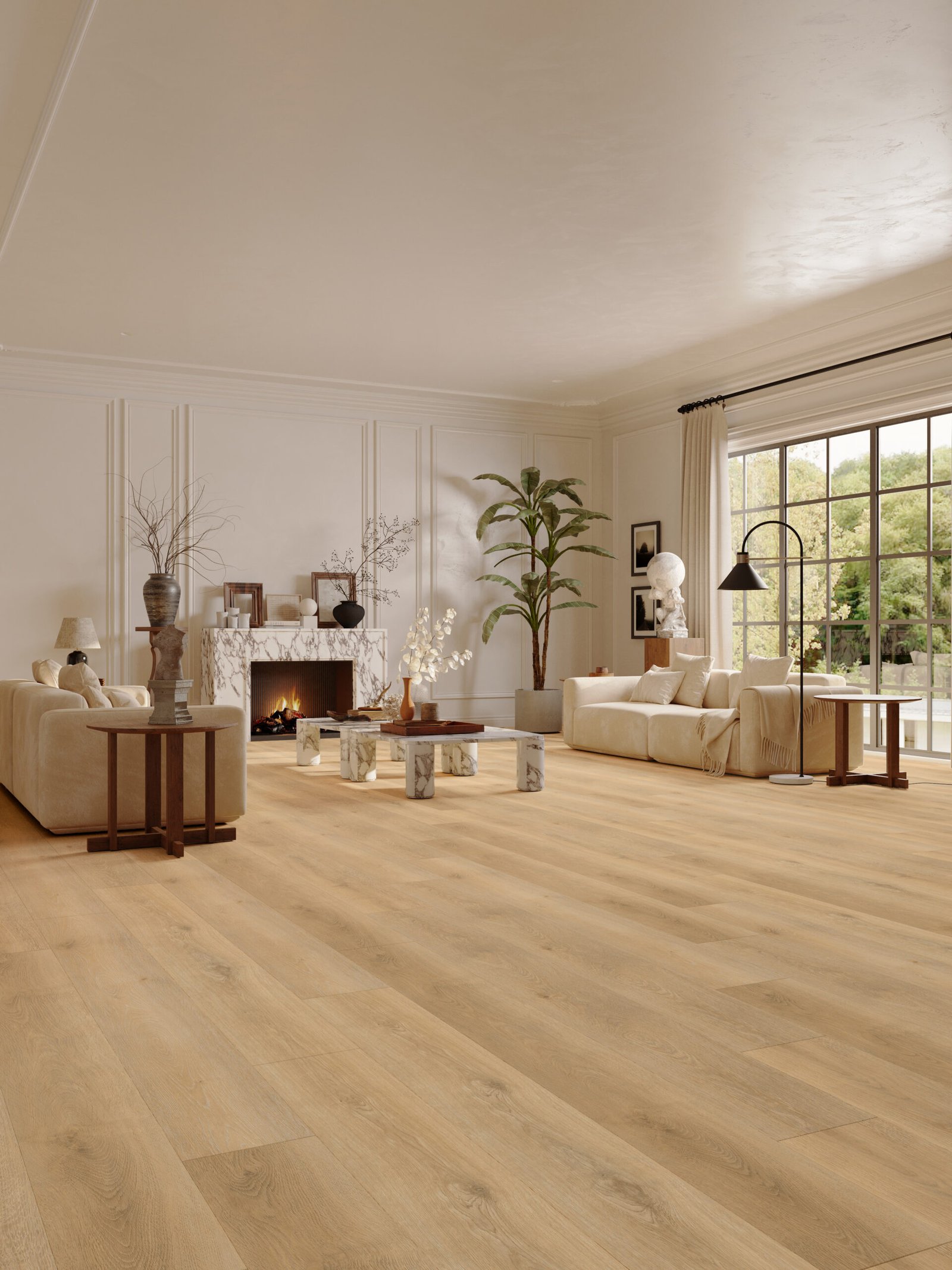Light wood-look vinyl flooring in a bright living room with neutral furniture