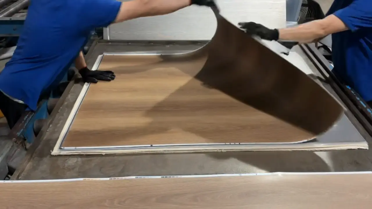 Two workers handling a wood-look flooring sheet during production