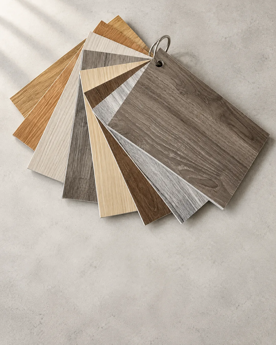 SPC flooring colour swatch fan with wood-look décor options for private-label range selection